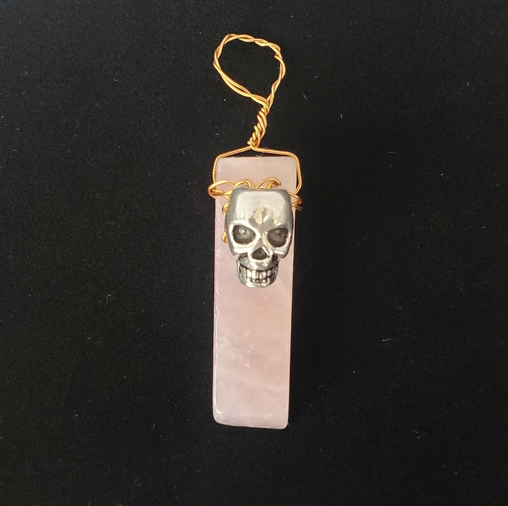 Rose Quartz Cabochon with Metal Skull Pendant